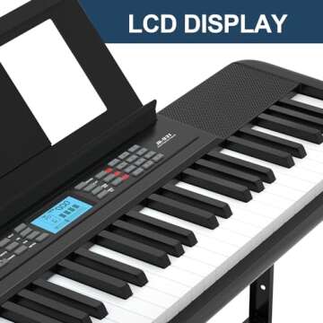 61 Key Keyboard Piano, Portable Electric Piano Keyboard w/LCD Screen, Built-In Speakers, Headphones, Stand, Stool, Music Rest, Microphone, 300 Timbres, 300 Rhythms, Ideal for Beginner Adult