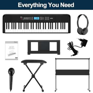 61 Key Keyboard Piano, Portable Electric Piano Keyboard w/LCD Screen, Built-In Speakers, Headphones, Stand, Stool, Music Rest, Microphone, 300 Timbres, 300 Rhythms, Ideal for Beginner Adult