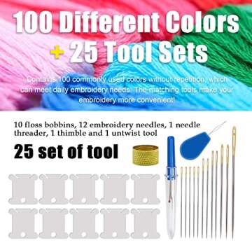 Embroidery Floss Set 100 Skeins Rainbow Color Cross Stitch Threads with 25 Sewing Tools Craft Floss Embroidery Starter Kit for Beginners DIY