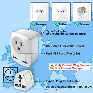 European Travel Plug Adapter for Europe & UK, American to Ireland Italy France Spain Greece Germany Israel Travel Essentials, International Power Outlet USB Charger, US to EU UK Travel Accessories