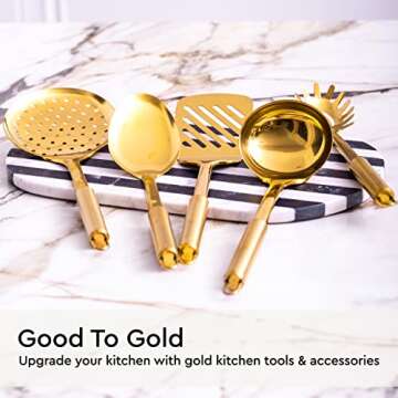 Gold Cooking Utensils Set - 5 PC Stainless Steel for Modern Cooking & Serving - Dishwasher Safe Gold Ladle, Serving Spoon & More - Luxury Brass Kitchen Utensils for Home Chefs - Gold Kitchen Decor