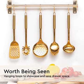 Gold Cooking Utensils Set - 5 PC Stainless Steel for Modern Cooking & Serving - Dishwasher Safe Gold Ladle, Serving Spoon & More - Luxury Brass Kitchen Utensils for Home Chefs - Gold Kitchen Decor