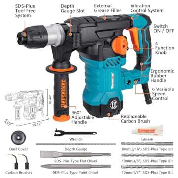 Berserker 1-1/4" SDS-Plus Rotary Hammer Drill with Vibration Control,Safety Clutch,12.5 Amp 4 Functions Corded Rotomartillo for Concrete-Including 3 Drill Bits,Flat Chisel,Point Chisel,Carrying Case