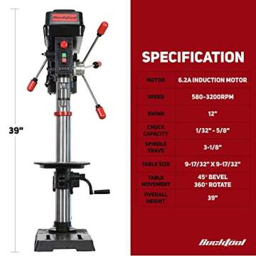 BUCKTOOL 12 INCH 6.2A Professional Bench Drill Press, 3/4HP Powerful Benchtop Drill Press, Variable Speed Drill Press with IIIA Laser and Work Light