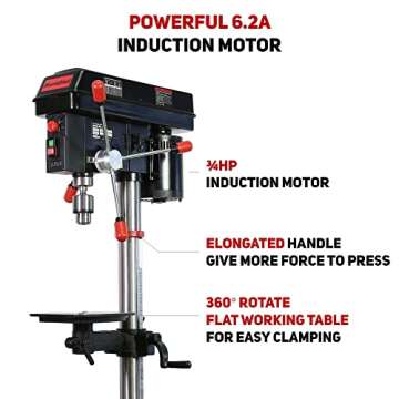 BUCKTOOL 12 INCH 6.2A Professional Bench Drill Press, 3/4HP Powerful Benchtop Drill Press, Variable Speed Drill Press with IIIA Laser and Work Light