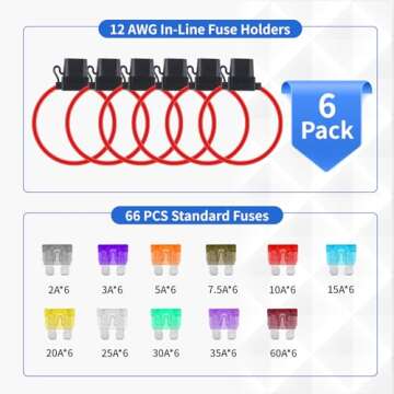 6 Pack Inline Fuse Holder 12V, Upgraded 12 AWG Waterproof Fuse Holder with 66 Pcs Standard Car Fuses (2A/3A/5A/7.5A/10A/15A/20A/25A/30A/35A/40A), YNZDRWA in Line Fuse Holders 12v for Marine Auto