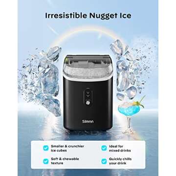 Nugget Ice Maker Countertop, Silonn Chewable Pellet Ice Machine with Self Cleaning Function, Pebble Portable Ice Maker with Ice Scoop for Home Kitchen Office, Black