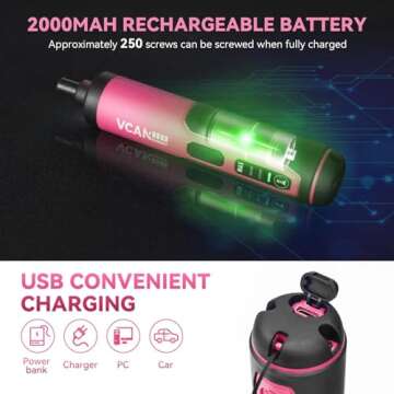 VCANENERGY 4V Pink Electric Screwdriver,2000mAh USB Rechargeable Battery,Cordless Power Screwdriver with LED Light,Adjustable Torque,38 in 1,Suitable for small projects