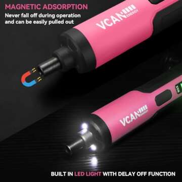 VCANENERGY 4V Pink Electric Screwdriver,2000mAh USB Rechargeable Battery,Cordless Power Screwdriver with LED Light,Adjustable Torque,38 in 1,Suitable for small projects