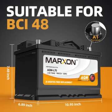 MARXON Group 48 H6 L3 Start and Stop Car Battery 12v 70AH 760CCA AGM BCI48 Maintenance Free Automotive Replacement Batteries Three Years Warranty