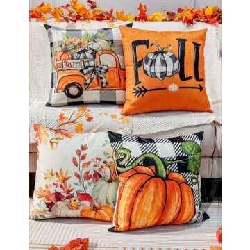 Fall Decorations Pillow Covers Double-Side Printing 18'' x 18'' Set of 4, Pumpkins Thankful Blessed Buffalo Plaid Fallen Leaves Thanksgiving Orange Throw Cushion Cases for Outdoor Indoor Home Decor