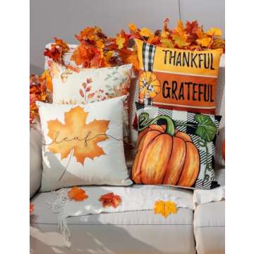 Fall Decorations Pillow Covers Double-Side Printing 18'' x 18'' Set of 4, Pumpkins Thankful Blessed Buffalo Plaid Fallen Leaves Thanksgiving Orange Throw Cushion Cases for Outdoor Indoor Home Decor