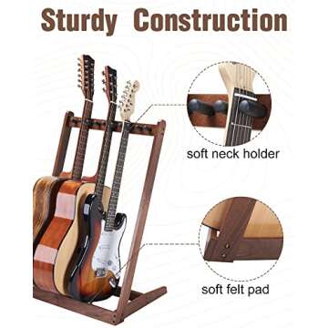 Musbeat Guitar Stand for Multiple Guitars, Hardwood Multi Guitar Stand (3 Acoustic Guitar, 5 Electric or Bass), 5 Guitar Stand Rack for Men, Wooden Floor Guitar Rack Stand Display for Studio, Home