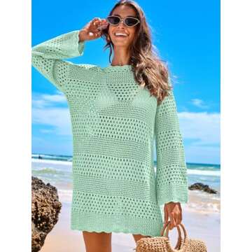 ANRABESS Women Swimsuit Crochet Swim Cover Up 2024 Summer Bathing Suit Swimwear Mesh Knit Beach Dress Vacation Outfits Light Green X-Large