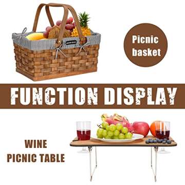 Woodchip Picnic Basket with Portable Wine Table, Woven Basket with 2 Swing Handles & Removable Lining, Empty Large Basket for Picnic, Outdoor, Camping, Family, Party, Wedding Gifts for Couple. Grey