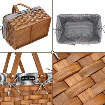 Woodchip Picnic Basket with Portable Wine Table, Woven Basket with 2 Swing Handles & Removable Lining, Empty Large Basket for Picnic, Outdoor, Camping, Family, Party, Wedding Gifts for Couple. Grey