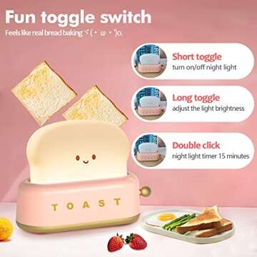 QANYI Cute Desk Decor Toaster Lamp, Kawaii LED Toast Bread Night Light Rechargeable and Portable Light with Timer, Christmas Gifts Ideas for Baby Kids Girls Teens Teenages