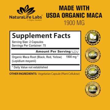 Organic Maca Root Black, Red, Yellow 1900 MG per Serving - 150 Vegan Capsules Peruvian Maca Root Gelatinized 100% Pure Non-GMO Supports Reproductive Health Natural Energizer