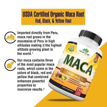 Organic Maca Root Black, Red, Yellow 1900 MG per Serving - 150 Vegan Capsules Peruvian Maca Root Gelatinized 100% Pure Non-GMO Supports Reproductive Health Natural Energizer