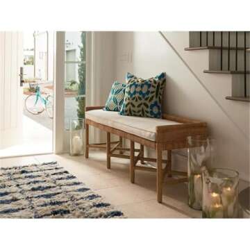 Coastal Living Escape Pull Up Dining Table Bench Entryway Bench in Woven Rattan and Wicker and Gray Cushioning