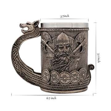 WOKHACH Medieval Viking Mug Beer Stein Tankard,Stainless Steel Drinking Tankard Mug Coffee Cup,Norse Mythology Poetic Gothic Decor Party Decoration Drinkware Gift for Men18OZ(Drakkar Warrior)