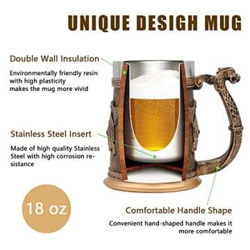 WOKHACH Medieval Viking Mug Beer Stein Tankard,Stainless Steel Drinking Tankard Mug Coffee Cup,Norse Mythology Poetic Gothic Decor Party Decoration Drinkware Gift for Men18OZ(Drakkar Warrior)