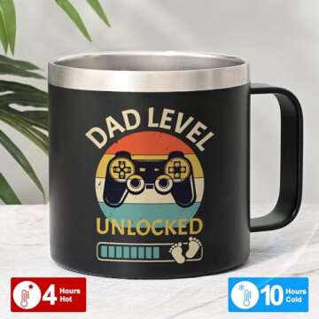 Lifecapido New Dad Gifts, Dad to Be Gifts, Best Gifts for New Dad, Dad Level Unlocked 14oz Insulated Coffee Mug with Keychain, Funny Fathers Day Pregnancy Announcement Christmas Gift for Dad New Dad