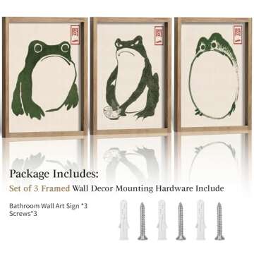 Houmury Set of 3 Framed Japanese Frog Wall Art Decor Vintage Wall Signs Cute Minimalist Decors