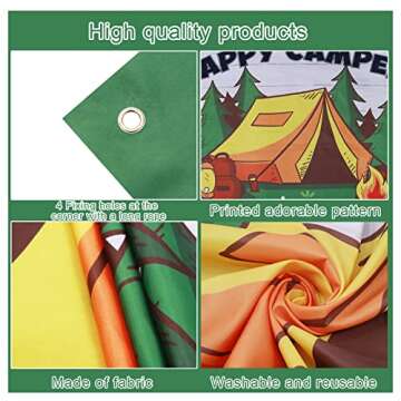 Roetyce Camping Themed Party Decorations Happy Camper Banner Backdrop 5.9 x 3.6 Ft, Outdoor/Indoor Family Camp Gatherings Decor Forest Campfire Photo Background Camping Birthday Party Supplies