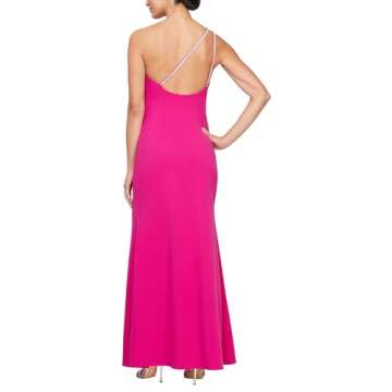 Alex Evenings Women's Long Length One Shoulder Dress with Slit, Perfect for Wedding Guest, Summer or Spring Events, Fuchsia Rhinestone