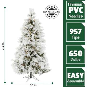 Fraser Hill Farm 7.5-Feet Pre-Lit Snow Flocked Snowy Pine Artificial Christmas Tree with Warm White LED String Lights, Full Silhouette, Realistic Foliage, Stand Included