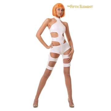 Authentic 5th Element Leeloo Thermal Bandages Halloween Costume for Women | Sci-Fi Classic Cosplay Outfit with Synthetic Wig - Officially Licensed Small White