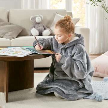 Degrees of Comfort Wearable Blanket Hoodie for Kids, Sherpa Lined Hooded Blankets Sweatshirt with Pockets, Grey, One Size Fits All, 30x28 Inch