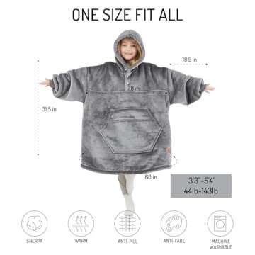 Degrees of Comfort Wearable Blanket Hoodie for Kids, Sherpa Lined Hooded Blankets Sweatshirt with Pockets, Grey, One Size Fits All, 30x28 Inch