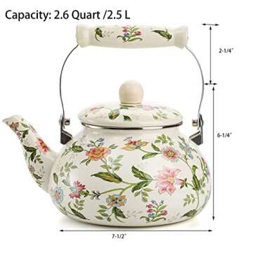 Jucoan 2.6 Quart Vintage Enamel Tea Kettle, Green Floral Enamel on Steel Teapot with Cool Touch Porcelain Handle for Stovetop Home Kitchen Decor, Gift for Housewarming Christmas New Year