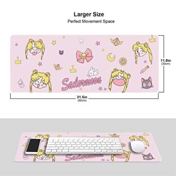 Cute Pink Moon Mouse Pad Large Kawaii Anime Mousepad Pink Gaming Mouse Mat Non-Slip Rubber Base Computer Laptop Desk Pad Accessories 31.5 X 11.8 inch