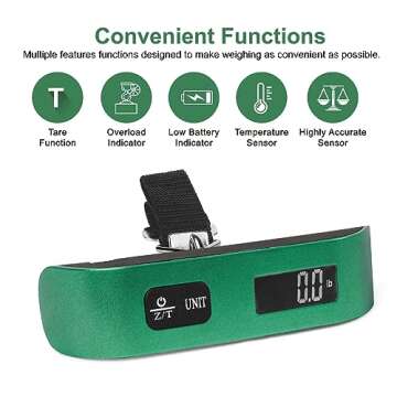 travel inspira Luggage Scale, Portable Digital Hanging Baggage Scale for Travel, Suitcase Weight Scale with Rubber Paint, 110 Pounds, Battery Included - Green