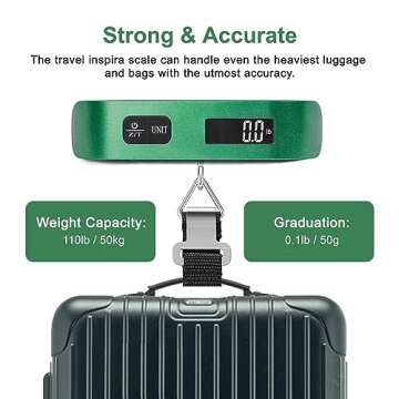 travel inspira Luggage Scale, Portable Digital Hanging Baggage Scale for Travel, Suitcase Weight Scale with Rubber Paint, 110 Pounds, Battery Included - Green