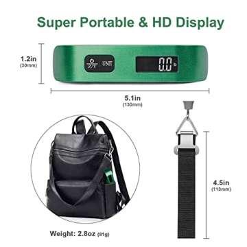 travel inspira Luggage Scale, Portable Digital Hanging Baggage Scale for Travel, Suitcase Weight Scale with Rubber Paint, 110 Pounds, Battery Included - Green