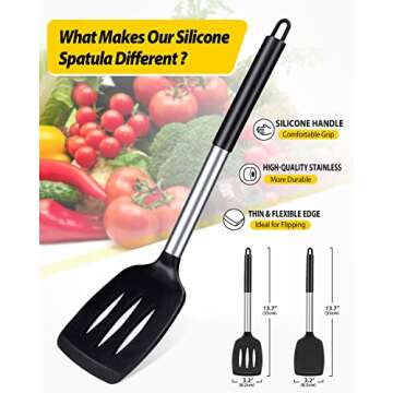 Pack of 2 Silicone Solid Turner,Non Stick Slotted Kitchen Spatulas,High Heat Resistant BPA Free Cooking Utensils,Ideal Cookware for Fish,Eggs,Pancakes (Black)