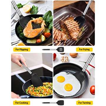 Pack of 2 Silicone Solid Turner,Non Stick Slotted Kitchen Spatulas,High Heat Resistant BPA Free Cooking Utensils,Ideal Cookware for Fish,Eggs,Pancakes (Black)