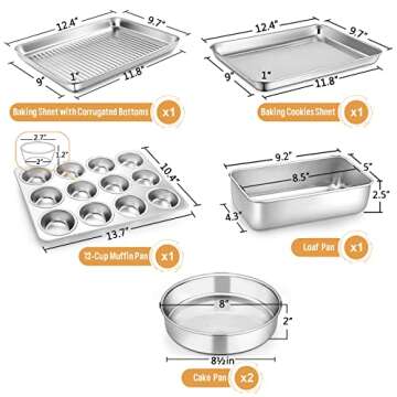 E-far 6-Piece Baking Pans set, Stainless Steel Bakeware Set for Oven, Include 8-Inch Cake Pan/Rectangle Baking Cookie Sheet/Muffin/Loaf Pan, Non-Toxic & Heavy Duty, Dishwasher Safe