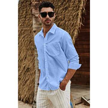 JMIERR Mens Cotton Linen Casual Stylish Button-Down Shirt Long Sleeve Business Fitted Dress Shirts Summer Beach Shirts for Men Old Money Regular Fit with Pocket, US 46(XL), Sky Blue