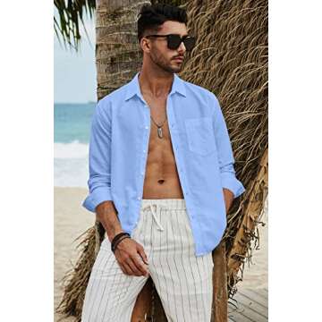 JMIERR Mens Cotton Linen Casual Stylish Button-Down Shirt Long Sleeve Business Fitted Dress Shirts Summer Beach Shirts for Men Old Money Regular Fit with Pocket, US 46(XL), Sky Blue