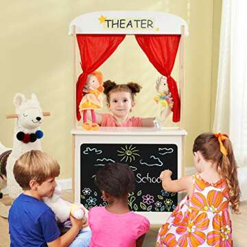 labebe - Wood Puppet Theater, Flannel Curtain Puppet Stage Theater, 2-Sided Tabletop Puppet Stage Chalkboard, 2-in-1 Puppet Theater Reversible Play Store, Multi-Function Theater for Ages 3 and up