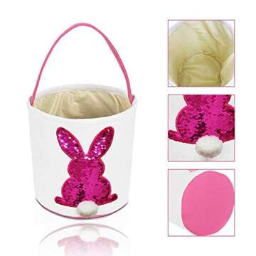 Poptrend Easter Basket Bags,Easter Eggs/Gift Baskets for Kids,Bunny Tote Bag Bucket for Easter Eggs,Toys, Candy,Gifts (Pink paillette)