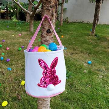 Poptrend Easter Basket Bags,Easter Eggs/Gift Baskets for Kids,Bunny Tote Bag Bucket for Easter Eggs,Toys, Candy,Gifts (Pink paillette)