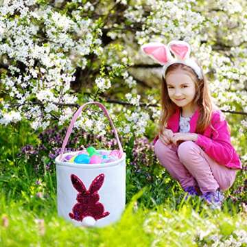 Poptrend Easter Basket Bags,Easter Eggs/Gift Baskets for Kids,Bunny Tote Bag Bucket for Easter Eggs,Toys, Candy,Gifts (Pink paillette)