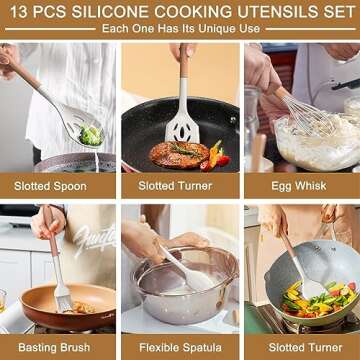 Kitchen Utensils Set- 13 Pcs Cooking Utensils with Tongs, Spoon Spatula &Turner Made of Heat Resistant Food Grade Silicone and Wooden Handles Kitchen Gadgets Tools Set for Nonstick Cookware (White)