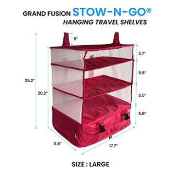 Grand Fusion Stow-N-Go Portable Hanging Travel Shelves, Packing Organizer for Luggage. Carry on Closet for Clothes. Expandable Packing Cube. Travel Essentials. (Pink - XL, XL = (L) 17.7" x (W) 11.8")